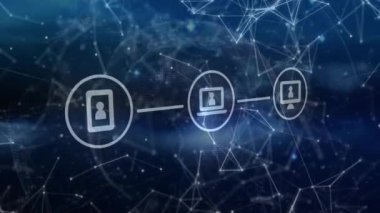 Mavi arkaplan üzerindeki simgelerle bağlantı ağının canlandırılması. Dijital olarak oluşturulmuş küresel bağlantılar, hesaplama ve veri işleme kavramı.