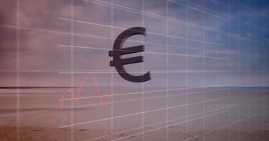 Bozuk avro sembolü üzerinde finansal veri işleme animasyonu ve bulutlu gökyüzü. Küresel iş, finans, bilgisayar ve dijital arayüz kavramı dijital olarak oluşturulmuş video.