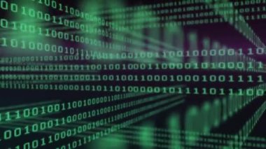 Siyah arkaplanda hareket eden ikili kodlama ve parlayan ışık izlerinin animasyonu. Renk, şekil, ışık ve hareket konsepti dijital olarak oluşturulmuş video.