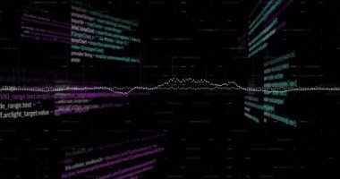 Siyah arkaplan üzerindeki veri işleme ve diyagramlarının animasyonu. Teknoloji, iş ve dijital arayüz kavramı dijital olarak oluşturulmuş video.