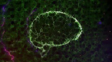 İnsan beyninin animasyonu ve kara arkaplan üzerinde işlenen veri. Küresel bilim, bağlantılar, hesaplama ve veri işleme kavramı dijital olarak oluşturulmuş video.