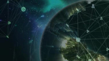 Dünya üzerindeki simgelerle bağlantı ağının animasyonu. Dijital olarak oluşturulmuş küresel bağlantılar, hesaplama ve veri işleme kavramı.