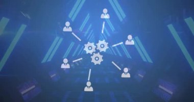 Siyah arka planda dijital tünel üzerinde teknoloji simgelerinin canlandırılması. Küresel teknoloji, bilgisayar ve dijital arayüz kavramı dijital olarak oluşturulmuş video.