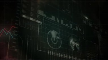 Küre ile finansal veri işleme animasyonu ve kara fon üzerinde dünya haritası. Küresel iş, finans, bilgisayar ve dijital arayüz kavramı dijital olarak oluşturulmuş video.