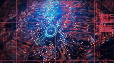 Siyah arkaplandaki devre kartının üzerinde veri işleme olan güvenlik farkındalığı metninin animasyonu. Küresel teknoloji, bilgisayar, çevrimiçi güvenlik ve dijital arayüz kavramı dijital olarak oluşturulmuş video.