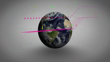Dünya üzerindeki veri işleme ve diyagramlarının animasyonu. Teknoloji, bilim ve dijital arayüz kavramı dijital olarak oluşturulmuş video.