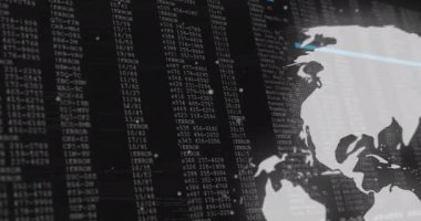 Siyah arkaplan üzerinde dijital veri işleme ve küre animasyonu. Küresel yapay zeka, bilim, bağlantılar, hesaplama ve veri işleme kavramı dijital olarak oluşturulmuş video.