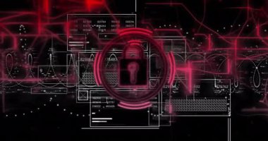 Siyah arkaplanda asma kilit ve dijital veri işleme animasyonu. Küresel siber güvenlik, bağlantılar, hesaplama ve veri işleme kavramı dijital olarak oluşturuldu.