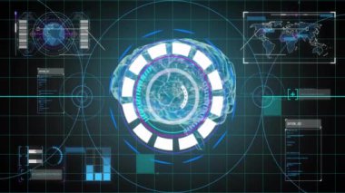 Kapsam taraması ve beyin üzerindeki veri işleme ve diyagramlarının animasyonu. Teknoloji, bilim ve dijital arayüz kavramı dijital olarak oluşturulmuş video.