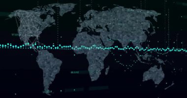 Veri işleme ve diyagramların dünya haritasında kara zemin üzerinde canlandırılması. Teknoloji, iş ve dijital arayüz kavramı dijital olarak oluşturulmuş video.