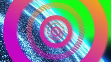 Siyah arkaplandaki ışık noktalarının üzerindeki pembe dairelerin animasyonu. Desen, şekiller, arkaplan ve dijital arayüz kavramı dijital olarak oluşturulmuş video.