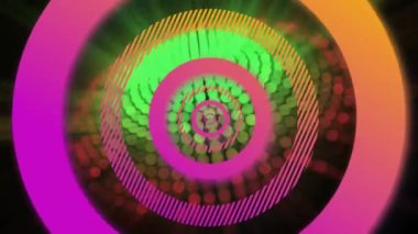 Siyah arkaplandaki ışık noktalarının üzerindeki pembe dairelerin animasyonu. Desen, şekiller, arkaplan ve dijital arayüz kavramı dijital olarak oluşturulmuş video.