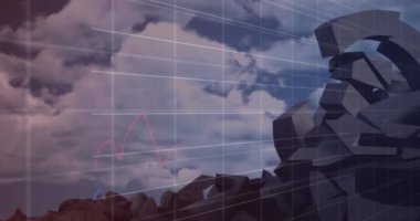 Bozuk avro sembolü üzerinde finansal veri işleme animasyonu ve bulutlu gökyüzü. Küresel iş, finans, bilgisayar ve dijital arayüz kavramı dijital olarak oluşturulmuş video.
