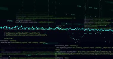 Siyah arkaplan üzerindeki veri işleme ve diyagramlarının animasyonu. Teknoloji, iş ve dijital arayüz kavramı dijital olarak oluşturulmuş video.