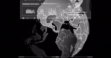 Siyah arkaplan üzerinde dijital veri işleme ve küre animasyonu. Küresel yapay zeka, bilim, bağlantılar, hesaplama ve veri işleme kavramı dijital olarak oluşturulmuş video.