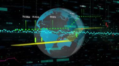 Dünya üzerindeki veri işleme ve diyagramlarının animasyonu. Teknoloji, bilim ve dijital arayüz kavramı dijital olarak oluşturulmuş video.