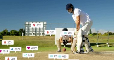 Beyaz erkek kriket oyuncuları üzerinde artan sayılarla sosyal medya ikonlarının canlandırılması. Dijital olarak oluşturulmuş küresel sosyal medya, spor, iletişim ve dijital arayüz kavramı.