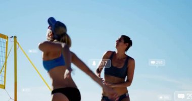 Çeşitli kadın valeybol oyuncuları üzerinde artan sayılara sahip sosyal medya simgelerinin canlandırılması. Dijital olarak oluşturulmuş küresel sosyal medya, spor, iletişim ve dijital arayüz kavramı.