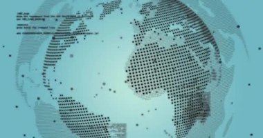 Dijital veri işleme animasyonu dünya ve mavi arkaplan üzerinde. Dijital olarak oluşturulmuş küresel bağlantılar, hesaplama ve veri işleme kavramı.