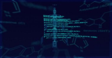 Roket planının üzerinde kimyasal formülün ve veri işlemenin animasyonu. Teknoloji ve dijital arayüz kavramı dijital olarak oluşturuldu.