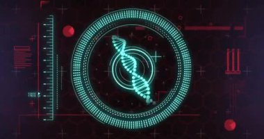 Diyagramlar ve veri işleme üzerinde DNA iplikçikli tarama alanı animasyonu. Teknoloji, iş ve dijital arayüz kavramı dijital olarak oluşturulmuş video.