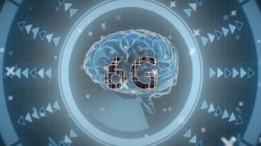 Beyin üzerinde 6G metin ve dürbün taraması. Teknoloji, bilim ve dijital arayüz kavramı dijital olarak oluşturulmuş video.