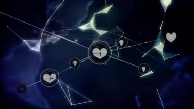 Siyah arkaplanda dünya üzerindeki simgelerle bağlantı ağının animasyonu. küresel bağlantılar, bilgisayar ve dijital arayüz konsepti dijital olarak oluşturulmuş video.