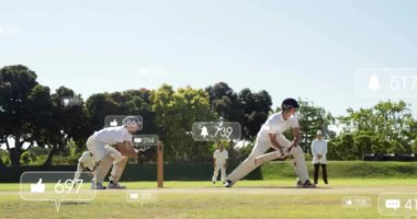 Çeşitli erkek kriket oyuncuları üzerinde artan sayılara sahip sosyal medya simgelerinin animasyonu. Dijital olarak oluşturulmuş küresel sosyal medya, spor, iletişim ve dijital arayüz kavramı.