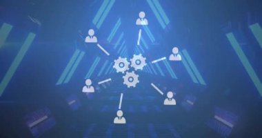 Siyah arka planda dijital tünel üzerinde teknoloji simgelerinin canlandırılması. Küresel teknoloji, bilgisayar ve dijital arayüz kavramı dijital olarak oluşturulmuş video.