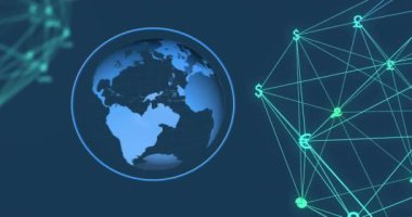 Dünya üzerindeki simgelerle bağlantı ağının animasyonu. Teknoloji ve dijital arayüz kavramı dijital olarak oluşturuldu.