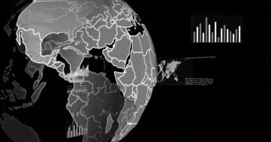 Finansal veri işleme ve kara arkaplan üzerindeki dünyanın animasyonu. Küresel finans, iş, bağlantılar, hesaplama ve veri işleme kavramı dijital olarak oluşturulmuş video.