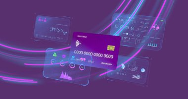 Mor arkaplan üzerinde veri ve kredi kartı olan ekranların resmi. Dijital olarak oluşturulan küresel çevrimiçi bankacılık, finans, iş, bağlantılar ve veri işleme kavramı.