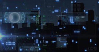 Bilgisayar sunucularının üzerindeki dijital veri işleme ve devre kartının resmi. Dijital olarak oluşturulmuş küresel bağlantılar, hesaplama ve veri işleme kavramı.