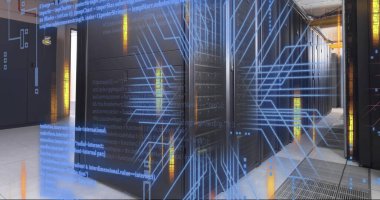 Bilgisayar sunucularının üzerindeki dijital veri işleme ve devre kartının resmi. Dijital olarak oluşturulmuş küresel bağlantılar, hesaplama ve veri işleme kavramı.