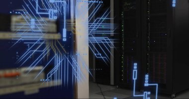 Bilgisayar sunucularının üzerindeki dijital veri işleme ve devre kartının resmi. Dijital olarak oluşturulmuş küresel bağlantılar, hesaplama ve veri işleme kavramı.