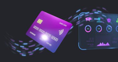 Siyah arkaplanda veri ve kredi kartı olan bir ekran görüntüsü. Dijital olarak oluşturulan küresel çevrimiçi bankacılık, finans, iş, bağlantılar ve veri işleme kavramı.