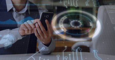 Image of data processing and scope scanning over caucasian man using smartphone. Global business, technology and digital interface concept digitally generated image. clipart