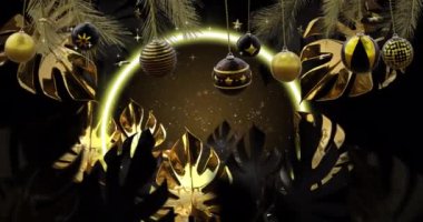 Yaprakların üzerinde siyah ve altın rengi Noel süsleri ve karanlık arka planda parlayan ışık halkaları sallanıyordu. Noel, dekorasyon, gelenek ve dijital olarak üretilen video kutlaması.