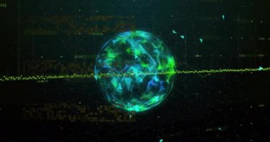 Tüm dünyada dijital veri işleme animasyonu. Dijital olarak oluşturulmuş küresel bağlantılar, hesaplama ve veri işleme kavramı.