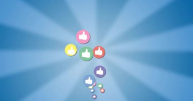 Mavi arka planda uçan başparmaklar simgelerinin canlandırması. Sosyal medya, bağlantılar, hesaplama ve veri işleme kavramı dijital olarak oluşturulmuş video.