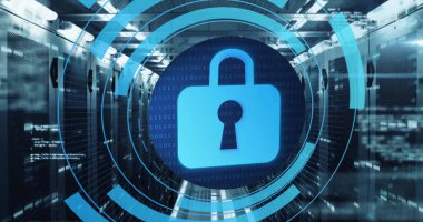 Sunucu odasında asma kilit ikon işleme sahip dairesel tarayıcı görüntüsü. Ağ, veri, güvenlik, dijital arayüz, bağlantı, işlem ve iletişim, dijital olarak oluşturulmuş resim.