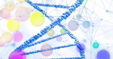 Image of dna strand and spots of light on white background. Global science, research, medicine and data processing concept digitally generated image. clipart