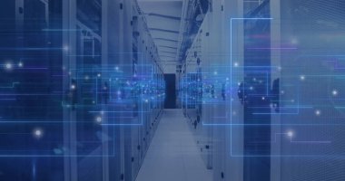 Dijital veri işleme, devre kartı ve bilgisayar sunucularının resmi. Küresel siber güvenlik, bağlantılar, hesaplama ve veri işleme kavramı dijital olarak oluşturuldu.