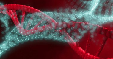 DNA iplikçikleri ve koyu arkaplanda ışık lekeleri. Küresel bilim, araştırma, tıp ve veri işleme kavramı dijital olarak oluşturulmuş görüntü.