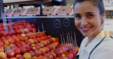 Kafkas kadın bakkal alışverişinin veri işleme görüntüsü. Küresel alışveriş, iş, bağlantılar, hesaplama ve veri işleme kavramı dijital olarak oluşturulmuş görüntü.