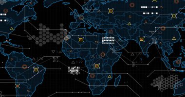 Image of world map and processing data on black background. Network, data, digital interface and global communication, digitally generated image. clipart