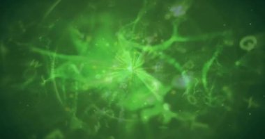Yeşil arkaplanda hareket eden parlak ışık izlerinin animasyonu. Renk, şekil, ışık ve hareket konsepti dijital olarak oluşturulmuş video.