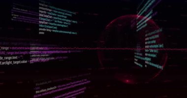 Siyah arka planda dünya ile veri işleme animasyonu. Küresel teknoloji, bilgisayar ve dijital arayüz kavramı dijital olarak oluşturulmuş video.