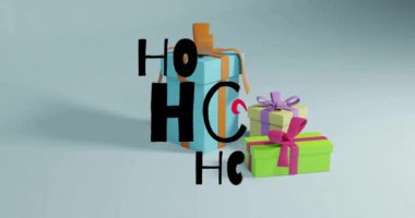 Beyaz arka planda hediyeler ve Noel süsleri üzerine ho ho-ho metni animasyonu. Noel, şenlik, kutlama ve gelenek konsepti dijital olarak oluşturuldu.