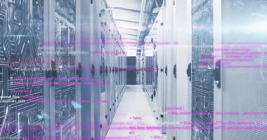 Sunucu odasında veri işleme animasyonu. küresel teknoloji, bilgisayar ve dijital arayüz kavramı dijital olarak oluşturulmuş video.